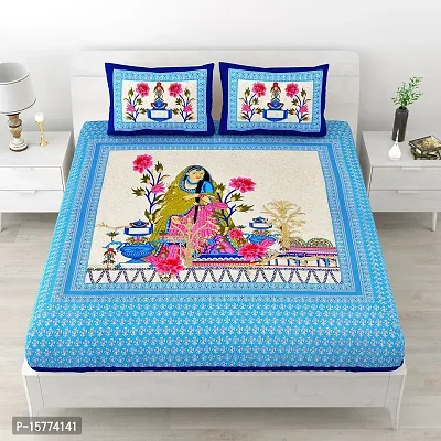 Classic Cotton Maharani Design Cartoon Printed Double Bedheet With 2 Pillow Cove(90 X 100, Blue)