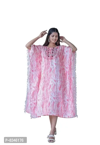 Rayon Fabric tie-dye Printed With Embroidery and Lace Work Long Kaftan(Pink)-thumb0
