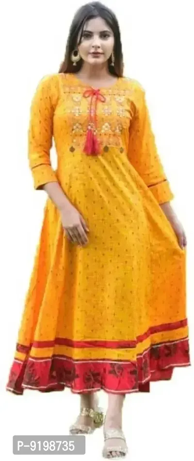 Womens Embroidered Rayon Anarkali Kurti Sleeve Length: Three-Quarter Sleeves Fabric: Rayon  flared  round neck  Line Dori classic flats for a casual look.(yellow)