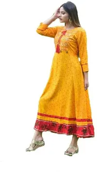 Womens Embroidered Rayon Anarkali Kurti Sleeve Length: Three-Quarter Sleeves Fabric: Rayon  flared  round neck  Line Dori classic flats for a casual look.(yellow)-thumb1