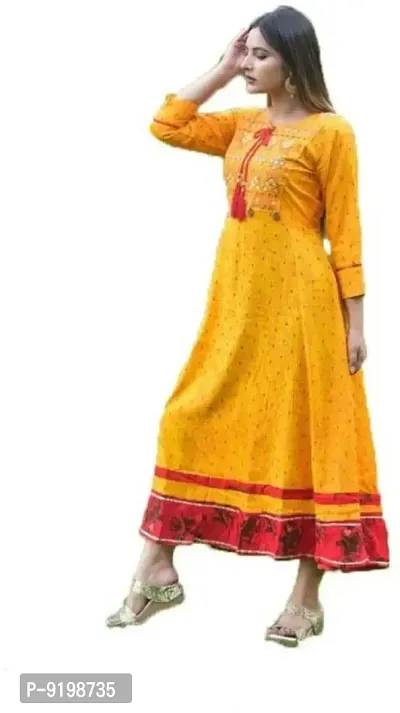 Womens Embroidered Rayon Anarkali Kurti Sleeve Length: Three-Quarter Sleeves Fabric: Rayon  flared  round neck  Line Dori classic flats for a casual look.(yellow)-thumb2