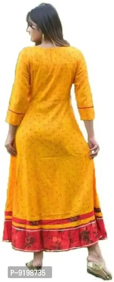 Womens Embroidered Rayon Anarkali Kurti Sleeve Length: Three-Quarter Sleeves Fabric: Rayon  flared  round neck  Line Dori classic flats for a casual look.(yellow)-thumb3