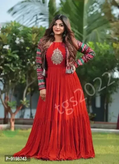 Premium Kurtis With Jacket In Heavy Rayon Three-Quarter Sleeves Fabric: Rayon Embroidered Work  flared Fabric Rayon round neck Line Dori classic flats for a casual look (RED)-thumb0
