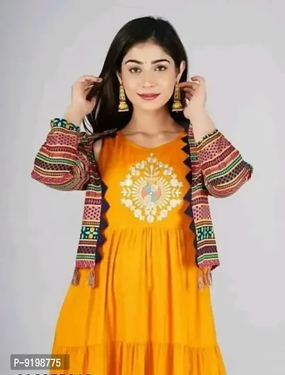 Premium Kurtis With Jacket In Heavy Rayon Three-Quarter Sleeves Fabric: Rayon Embroidered Work  flared Fabric Rayon round neck Line Dori classic flats for a casual look (YELLOW)-thumb2