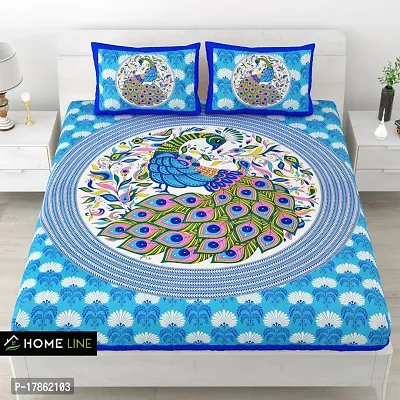 Cotton Fabric Jaipuri Design Peacock Printed Double Bedsheet With Two Pillow Cover(Blue, Double, 90 X 100)-thumb0