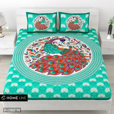 Cotton Fabric Jaipuri Design Peacock Printed Double Bedsheet With Two Pillow Cover(Green, Double, 90 X 100)