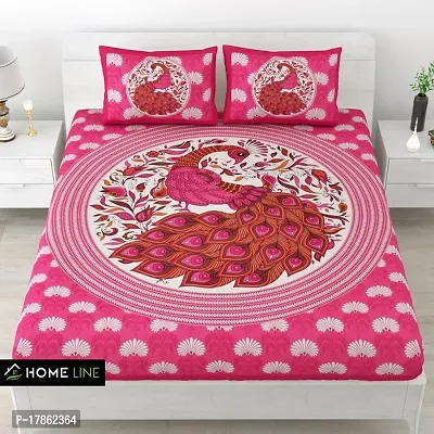 Cotton Fabric Jaipuri Design Peacock Printed Double Bedsheet With Two Pillow Cover(Pink, Double, 90 X 100)