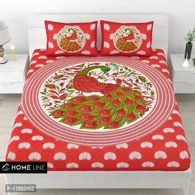 Cotton Fabric Jaipuri Design Peacock Printed Double Bedsheet With Two Pillow Cover(Red, Double, 90 X 100)