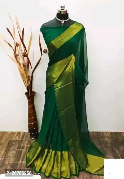 Elegant Green Chiffon Solid Saree with Blouse piece-thumb0