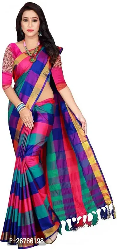 Elegant Multicoloured Cotton Silk Checked Saree with Blouse piece-thumb0