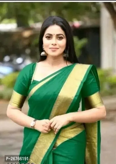 Elegant Green Cotton Silk Solid Saree with Blouse piece