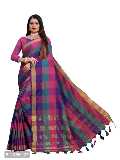 Elegant Multicoloured Tussar Silk Checked Saree with Blouse piece-thumb0