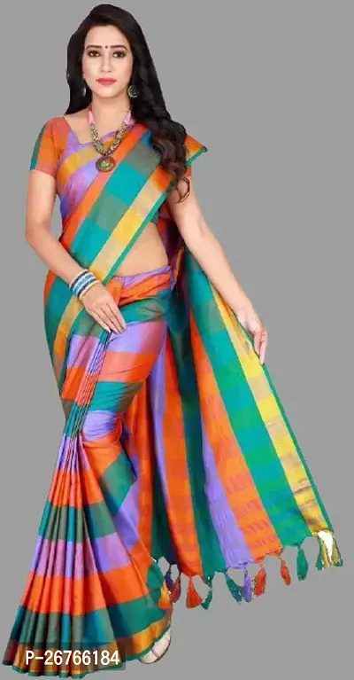 Elegant Multicoloured Cotton Blend Checked Saree with Blouse piece-thumb0