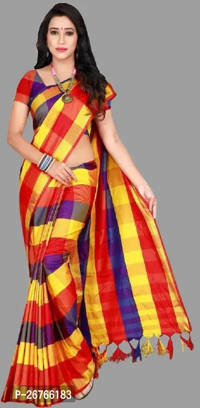 Elegant Multicoloured Cotton Blend Checked Saree with Blouse piece-thumb0