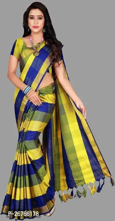 Elegant Multicoloured Cotton Blend Checked Saree with Blouse piece-thumb0