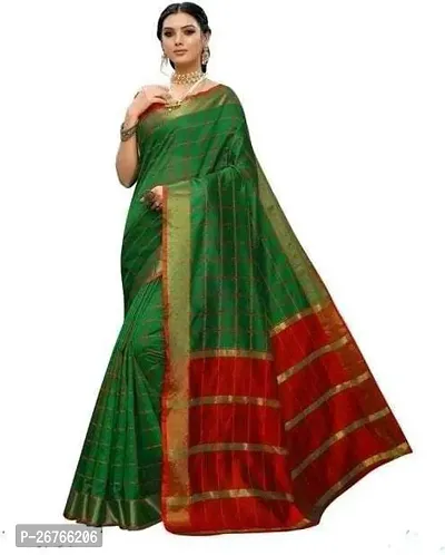 Elegant Green Cotton Silk Checked Saree with Blouse piece