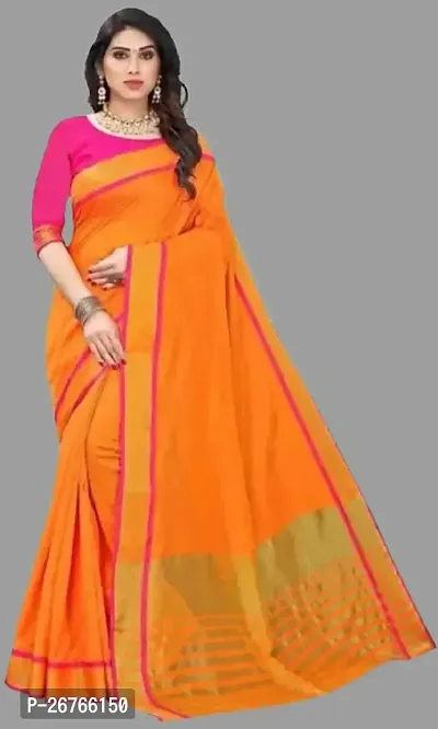 Elegant Orange Cotton Silk Solid Saree with Blouse piece-thumb0