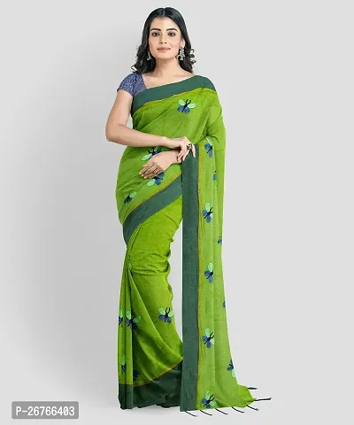 Elegant Green Cotton Blend Printed Saree with Blouse piece-thumb0