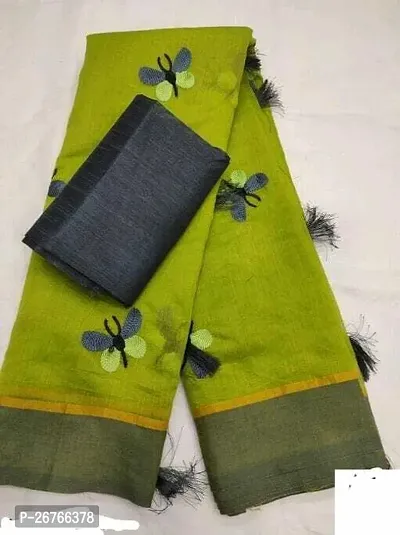 Elegant Green Cotton Silk Embroidered Saree with Blouse piece