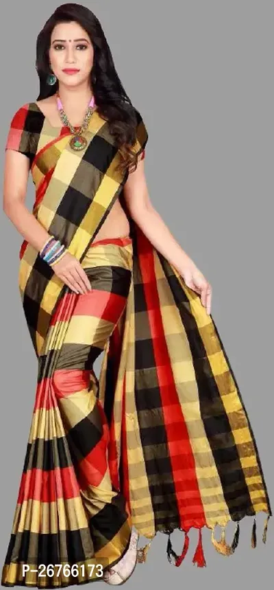 Elegant Multicoloured Cotton Blend Checked Saree with Blouse piece-thumb0