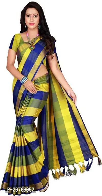 Elegant Multicoloured Cotton Blend Checked Saree with Blouse piece-thumb0