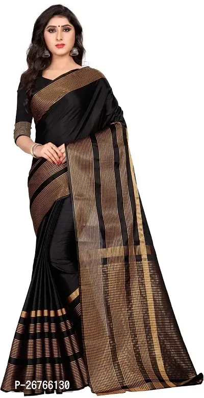 Elegant Black Cotton Silk Printed Saree with Blouse piece