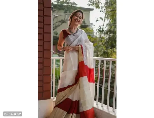 Stylish White Khadi Printed Saree With Blouse Piece For Women