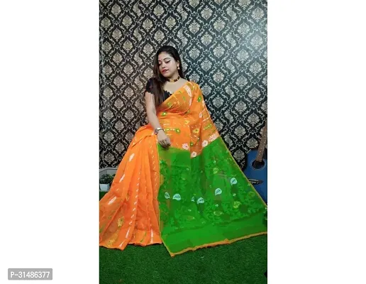 Stylish Orange Cotton Printed Saree With Blouse Piece For Women