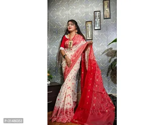 Stylish Red Cotton Printed Saree With Blouse Piece For Women