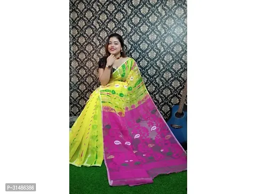 Stylish Yellow Cotton Printed Saree With Blouse Piece For Women