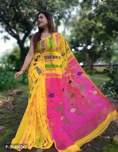 Stylish Yellow Cotton Printed Saree With Blouse Piece For Women-thumb2