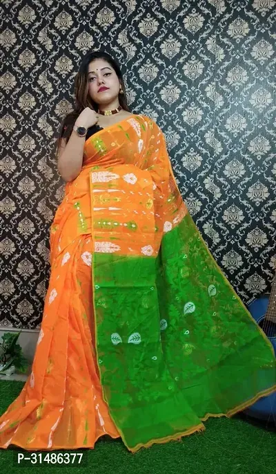 Stylish Orange Cotton Printed Saree With Blouse Piece For Women-thumb2