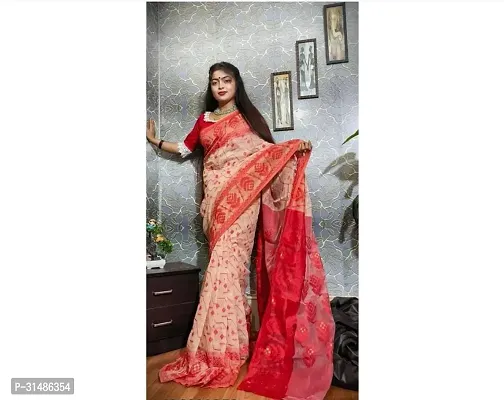 Stylish Red Cotton Printed Saree With Blouse Piece For Women