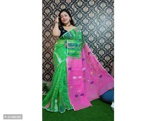 Stylish Green Cotton Printed Saree With Blouse Piece For Women-thumb0