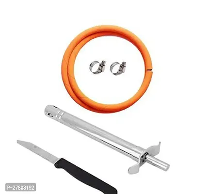 Easy Grip Stainless Steel Regular Gas Lighter And Lpg Hose Pipe With Clamp And Kitchen Knife Pack Of 3-thumb0