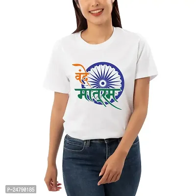 KLIP 2 DEAL Vande Matram Printed Tshirt for Women - White | Suitable for Republic Day, Independence Day, Gandhi Jayanti | Round Neck Regular Fit Half Sleeve Cotton T-Shirt for Men and Women (2XL)-thumb0