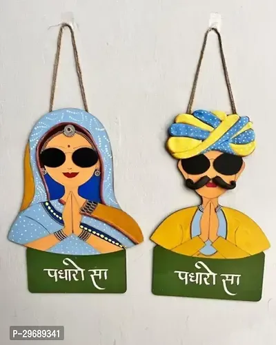 Handmade Hand-Painted Padharo Sa Stylish Man and Women Wooden Welcome Wall Hanging Decorative Showpiece-thumb0