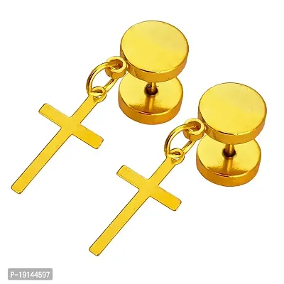 M Men Style Religious Jewelry Mens Metal Jesus Cross Charm Piercing surgical Stainless Steel Dumble Stud Gold Earring For And Women-thumb0
