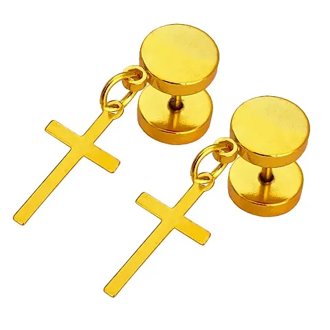 M Men Style Jesus Cross Charm Stainless Steel Dumble Stud Gold Earring