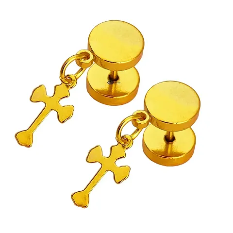 M Men Style Jesus Cross Charm Stainless Steel Dumble Stud Gold Earring