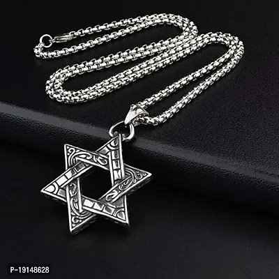 M Men Style Metal Silver Biker Biker Gothic Luncy Star Of David Hexagram Double Sided Heaxagonal Star With Box Chain Pendant Necklace Chain Gift For Men Boys-thumb2