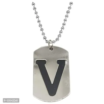 Sullery V Initial Alphabet Letter Locket with Chain Silver and Black Metal Necklace Chain for Men and Women