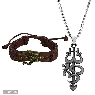 M Men Style Large Trishul damaru Bracelet Om Pendant Chain Bronze Leather Zinc Religious Jwellery Set For Men And Women