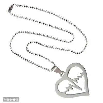 Sullery Lifeline Pulse Heartbeat Charm Open Heart Silver Stainless Steel Necklace Chain for Men and Women-thumb0