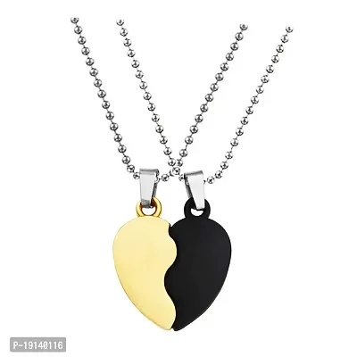 Sullery Valentine Gift Broken Half Heart Unique Split Heart Matching Couple's Set Pendant Locket with 2 Chain His and Her Gold and Black Zinc Metal Heart Pendant Necklace Chain for Men and Women-thumb0