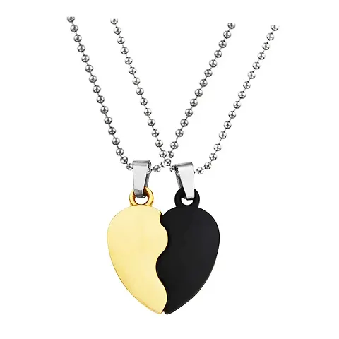 Sullery Valentine Gift Broken Half Heart Unique Split Heart Matching Couple's Set Pendant Locket with 2 Chain His and Her Gold and Black Zinc Metal Heart Pendant Necklace Chain for Men and Women
