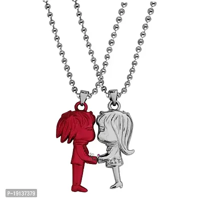 Sullery Valentine Day Gift Cute Girl And Boy Lovers Couple 2pc Red And Silver Metel Necklace Chain For Men And Women-thumb0