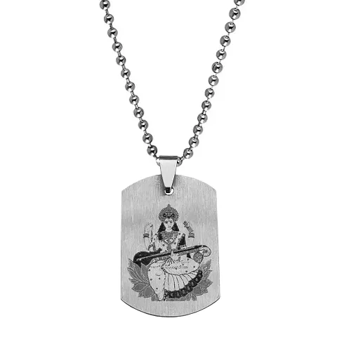 M Men Style Goddess Saraswati Mata Sharda Locket Pendant Silver Stainless Steel Pendant Necklace Chain For Men And Women SPn2022489