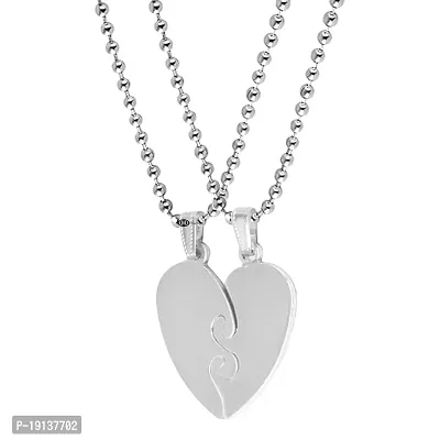 M Men Style Valentine Gift Best Friend Broken Heart Couple Engraved Dual Couple Locket Unisex Jewellery 1 Pair Silver Stainless Steel Pendant Necklace Chain Set For Men And Women (Silver Big)-thumb0