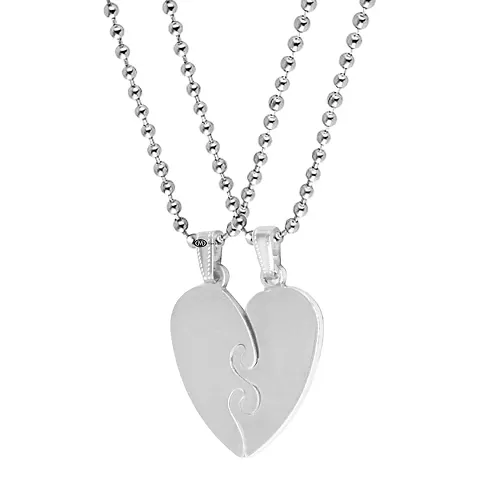 M Men Style Valentine Gift Best Friend Broken Heart Couple Engraved Dual Couple Locket Unisex Jewellery 1 Pair Silver Stainless Steel Pendant Necklace Chain Set For Men And Women
